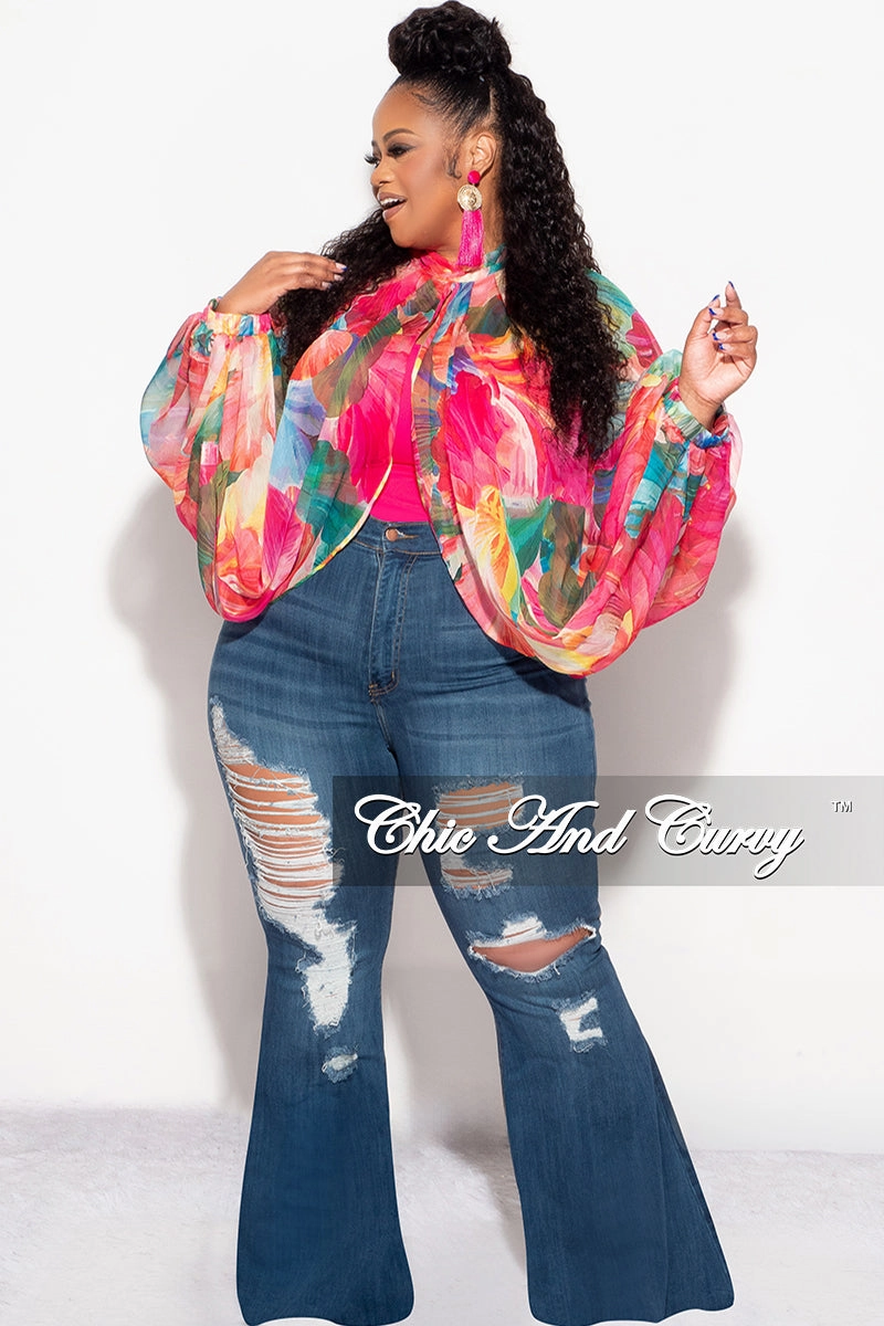 Polyester fabric Final Sale Plus Size Sheer Balloon Sleeve Crop Top in Fuchsia Floral Multi Color Print
