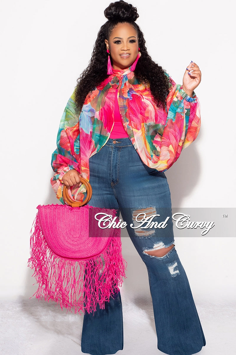 Breath Fit Quick Slip Final Sale Plus Size Sheer Balloon Sleeve Crop Top in Fuchsia Floral Multi Color Print