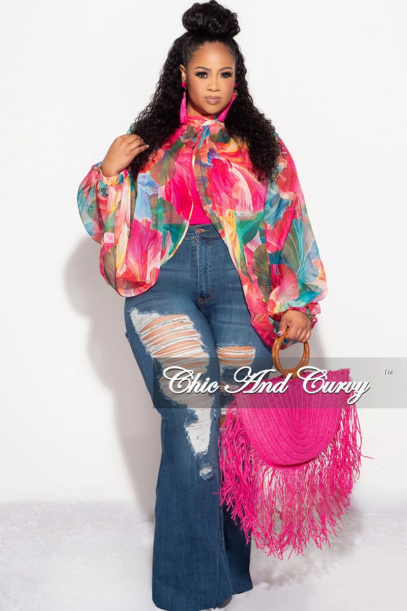 Slim Wear Design Final Sale Plus Size Sheer Balloon Sleeve Crop Top in Fuchsia Floral Multi Color Print
