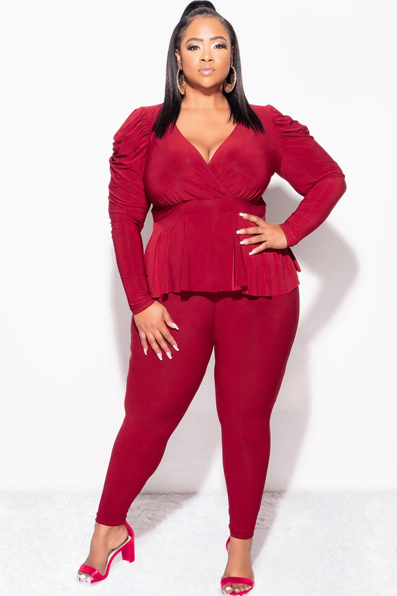 Active Appeal OrganicCotton Final Sale Plus Size Faux Wrap Peplum Top and Pants Set in Burgundy