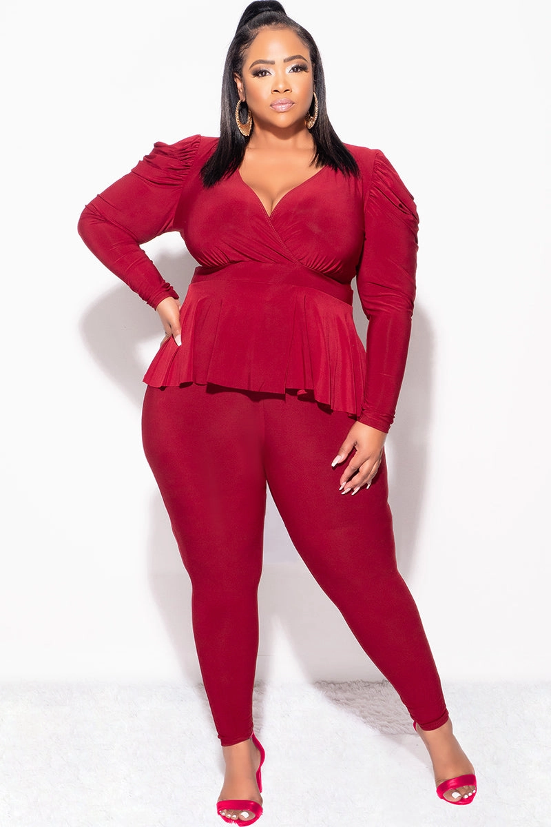 Final Sale Plus Size Faux Wrap Peplum Top and Pants Set in Burgundy Adaptable Fit