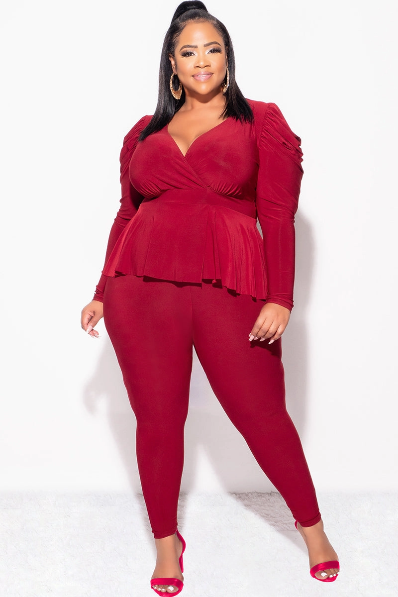 Basic Look Movement Comfort Final Sale Plus Size Faux Wrap Peplum Top and Pants Set in Burgundy