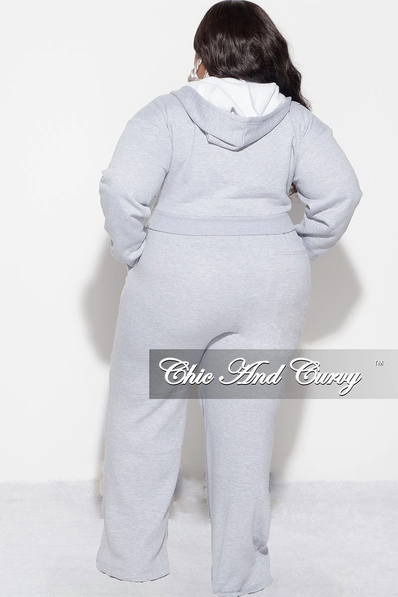 Flexible Movement Final Sale Plus Size Plush 2pc Zip-Up Hooded Top and Wide Leg Pleated Lower Leg Sweatpants in Grey
