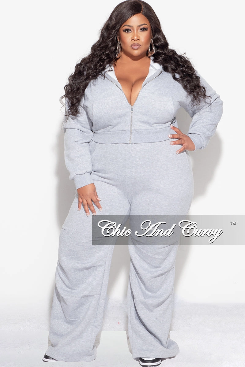 Final Sale Plus Size Plush 2pc Zip-Up Hooded Top and Wide Leg Pleated Lower Leg Sweatpants in Grey HeatRegulating Soft Texture