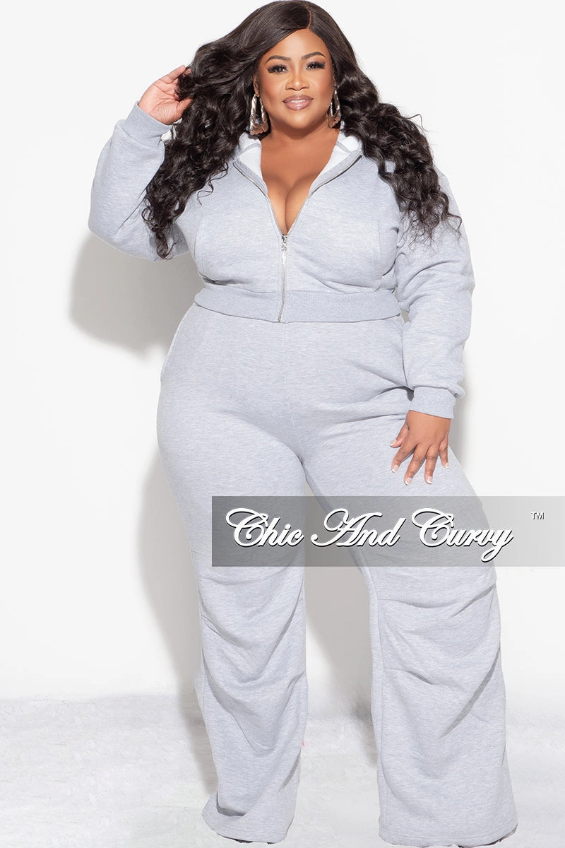 Final Sale Plus Size Plush 2pc Zip-Up Hooded Top and Wide Leg Pleated Lower Leg Sweatpants in Grey Breathable Weave Fabric Anti Pilling