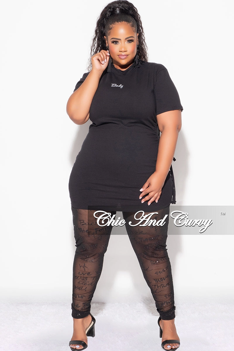 Smart Wear Final Sale Plus Size 2pc Top with Side Cutout and Mesh Glitter Leggings Set in Black