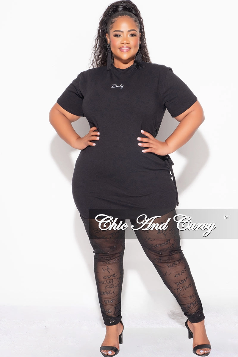 SecureClosureSystem Final Sale Plus Size 2pc Top with Side Cutout and Mesh Glitter Leggings Set in Black