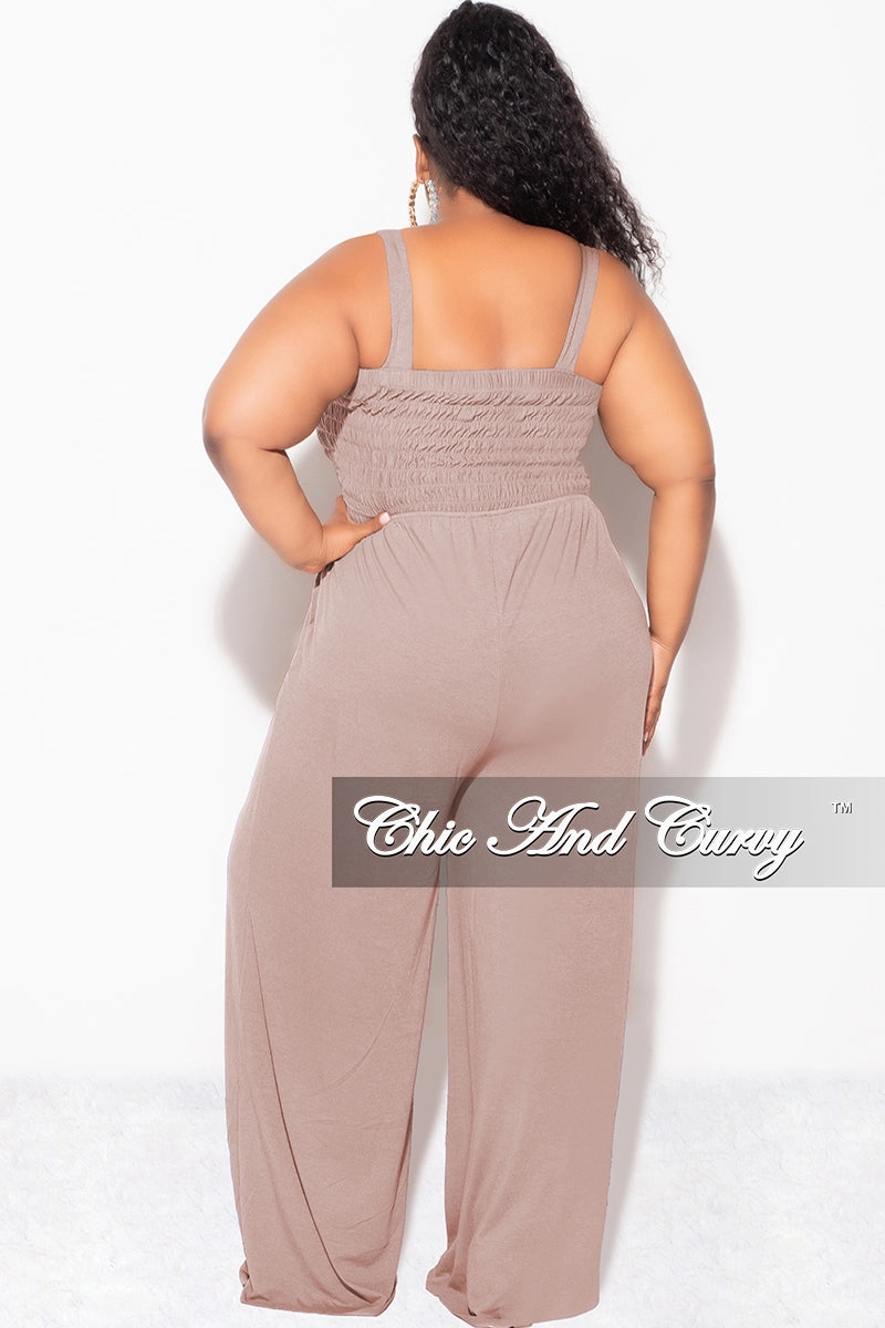Final Sale Plus Size Sleeveless Shirred Jumpsuit in Ash Mocha Flexible Motion