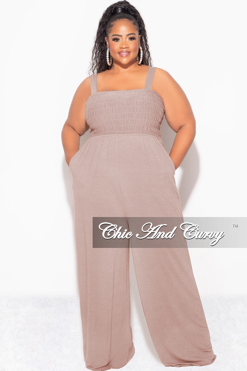 Final Sale Plus Size Sleeveless Shirred Jumpsuit in Ash Mocha Sporty Appeal