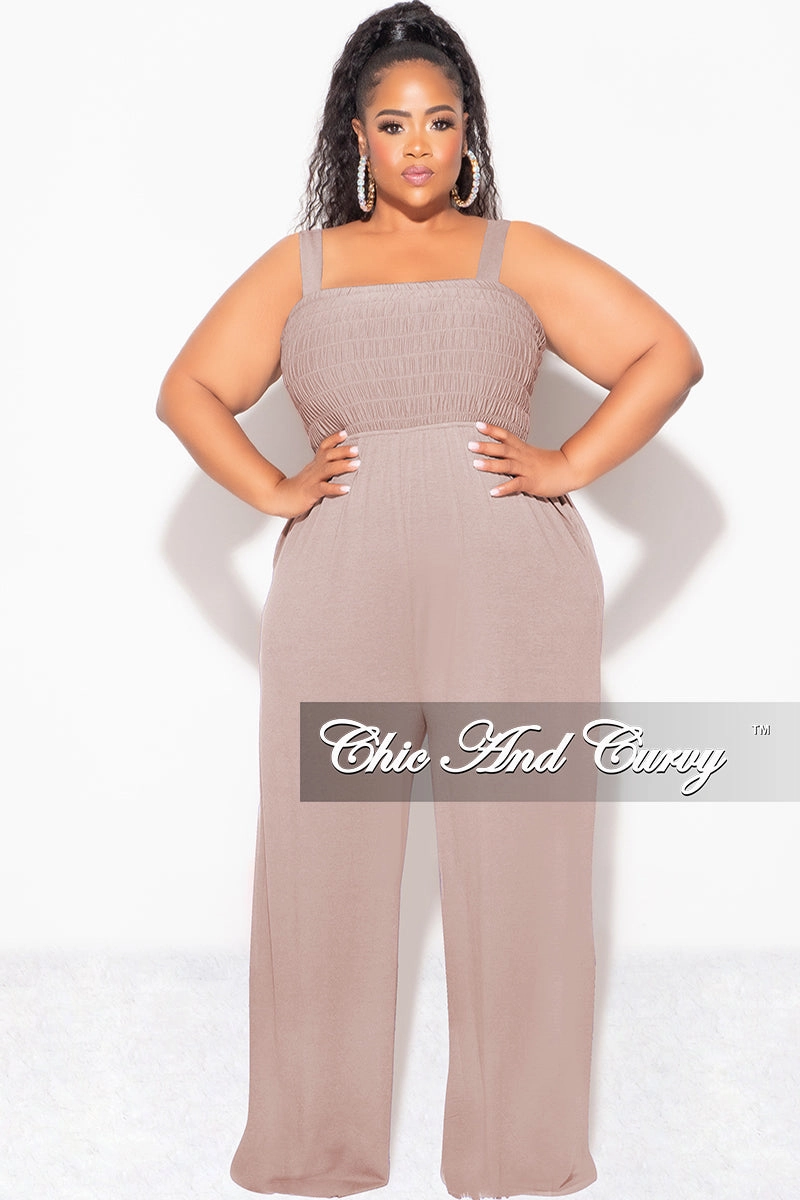 Breathable Wearable Final Sale Plus Size Sleeveless Shirred Jumpsuit in Ash Mocha