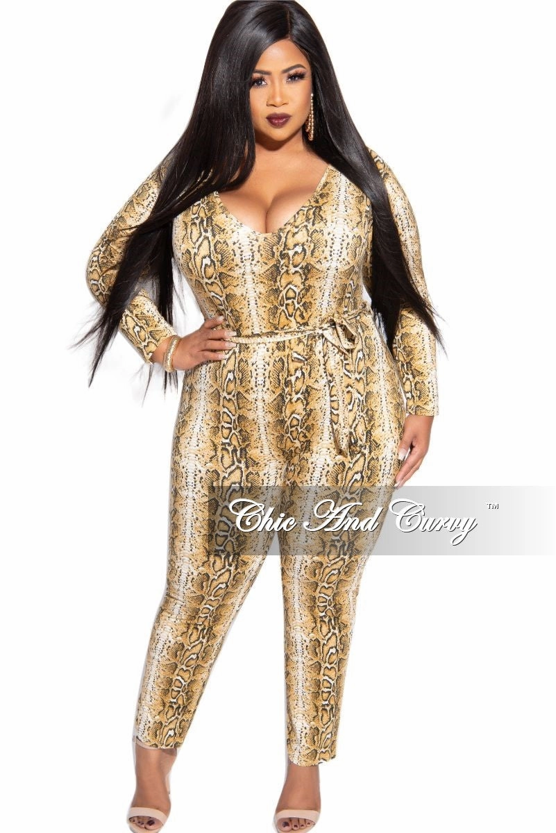 Final Sale Plus Size Tie Jumpsuit in Brown Snake Skin Print Ultra Soft Blend