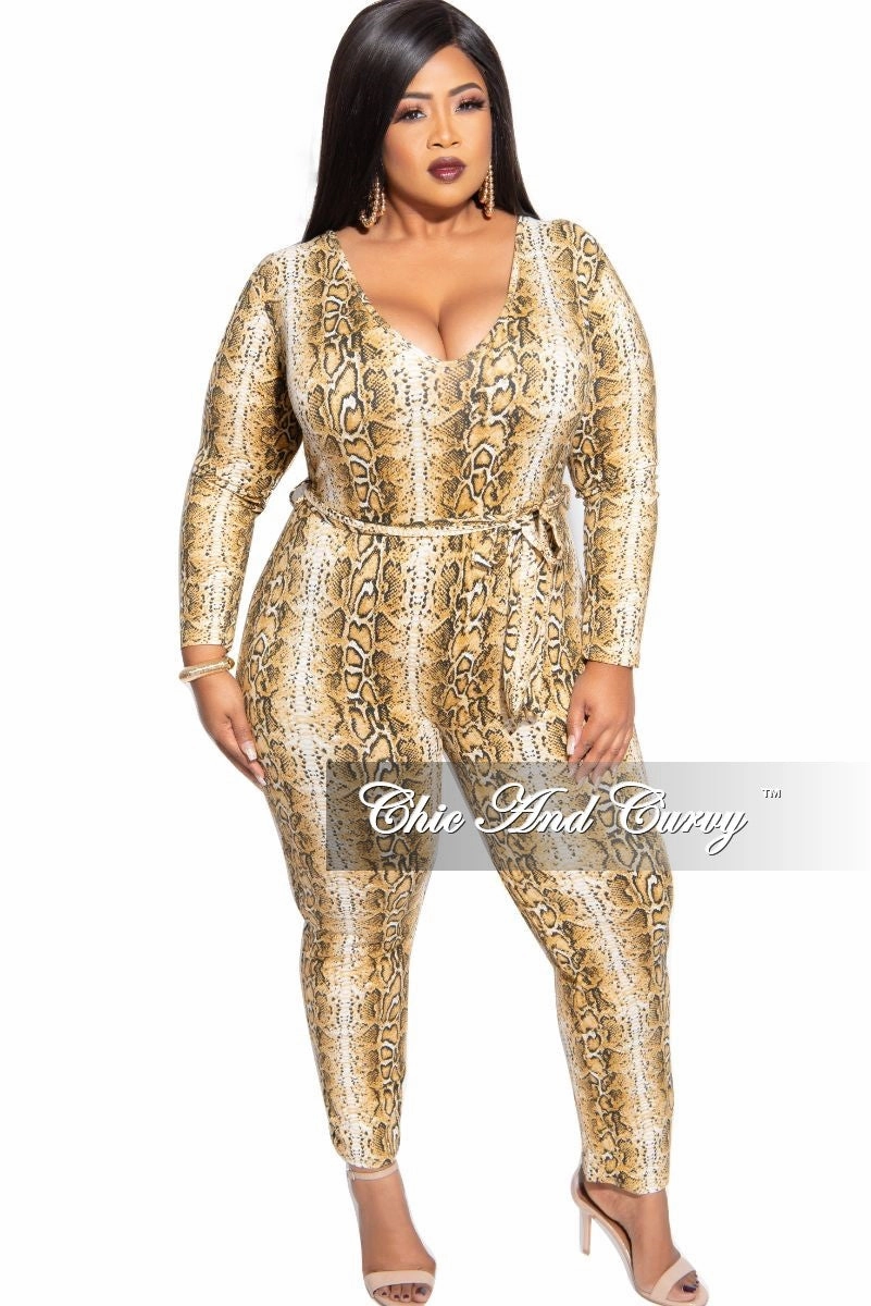 Final Sale Plus Size Tie Jumpsuit in Brown Snake Skin Print Comfy Wearable Flex Wear