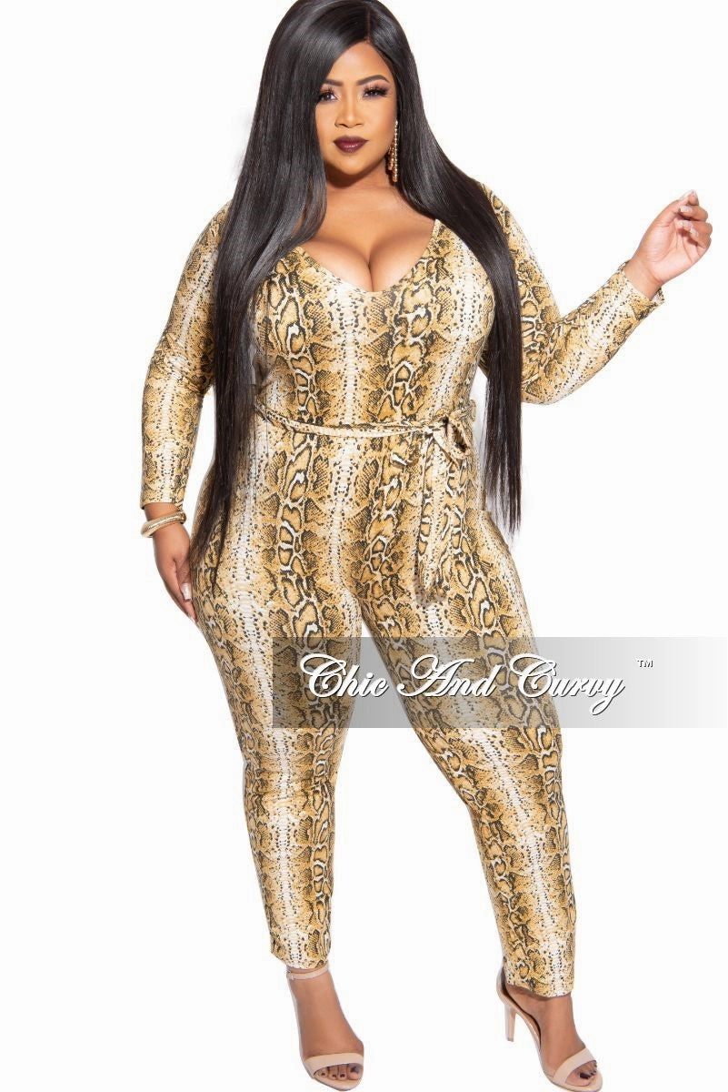 Stretch Flex Final Sale Plus Size Tie Jumpsuit in Brown Snake Skin Print