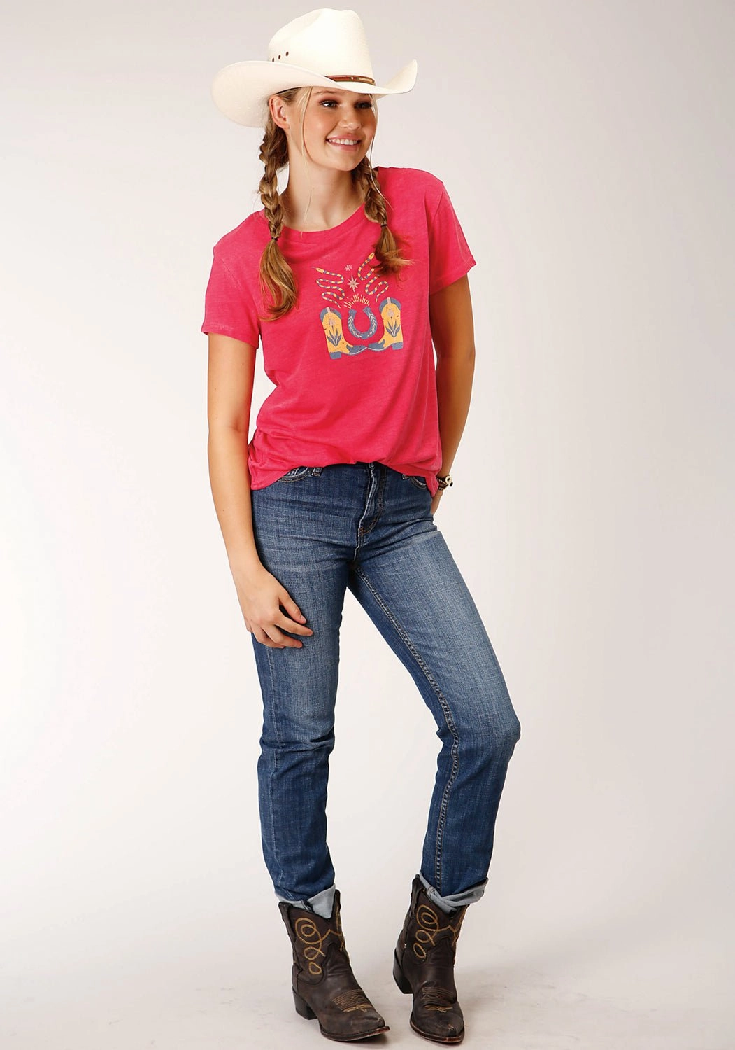 Seamless construction Contrast Stitch Roper Womens Horseshoe Boots Pink Poly/Rayon S/S T-Shirt
