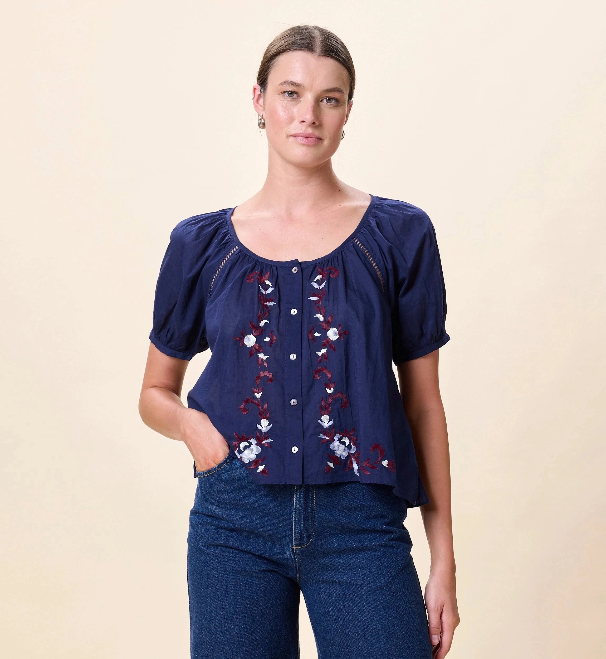 Adeline Blouse | Navy Tencel Cotton Hybrid Weave