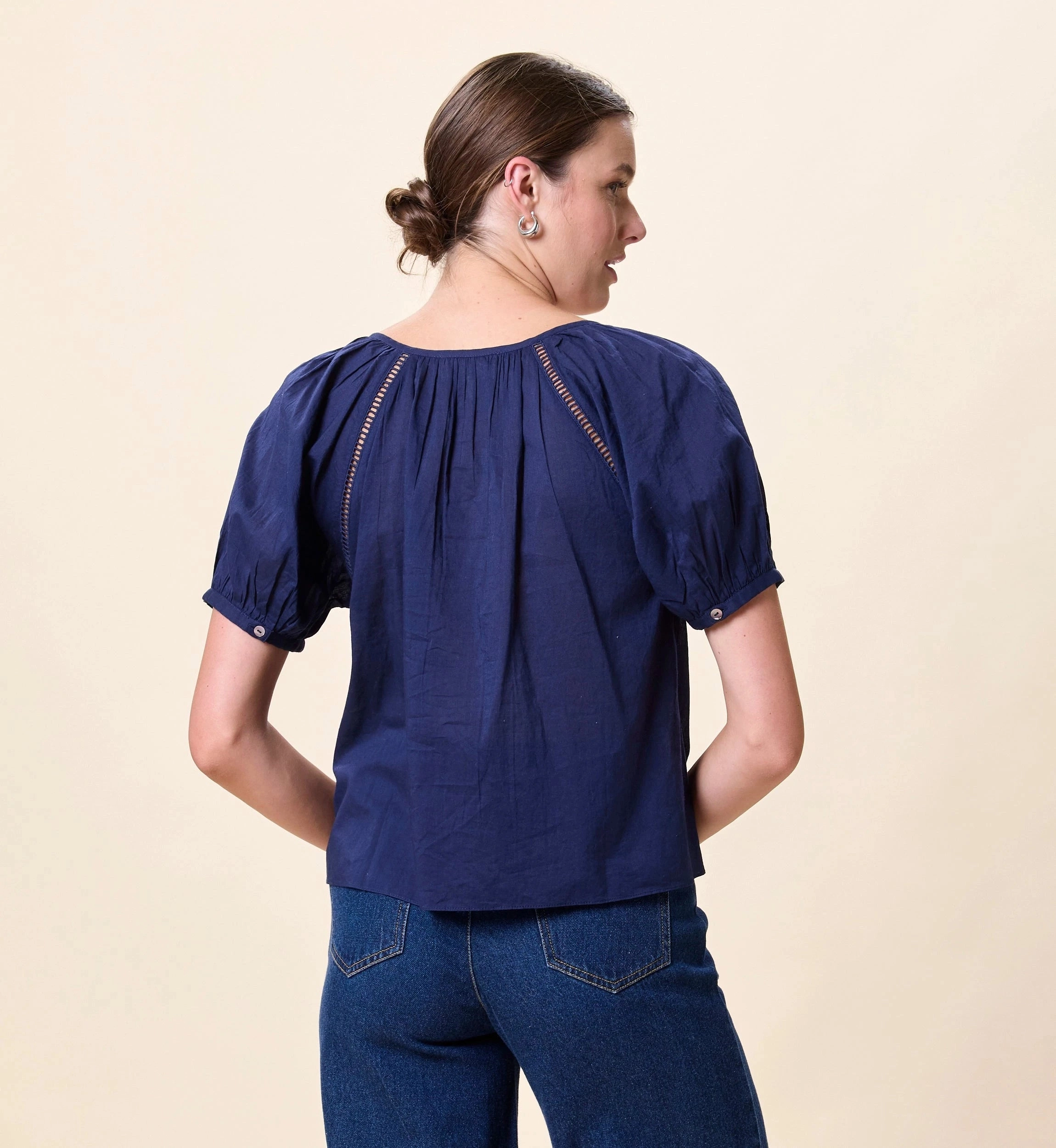Adeline Blouse | Navy HighNeckCut