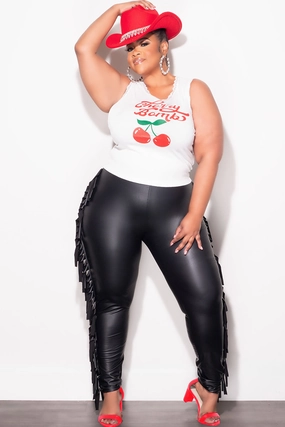 Final Sale Plus Size Vegan Leather Pants with Fringe Sides in Black ErgonomicStitching