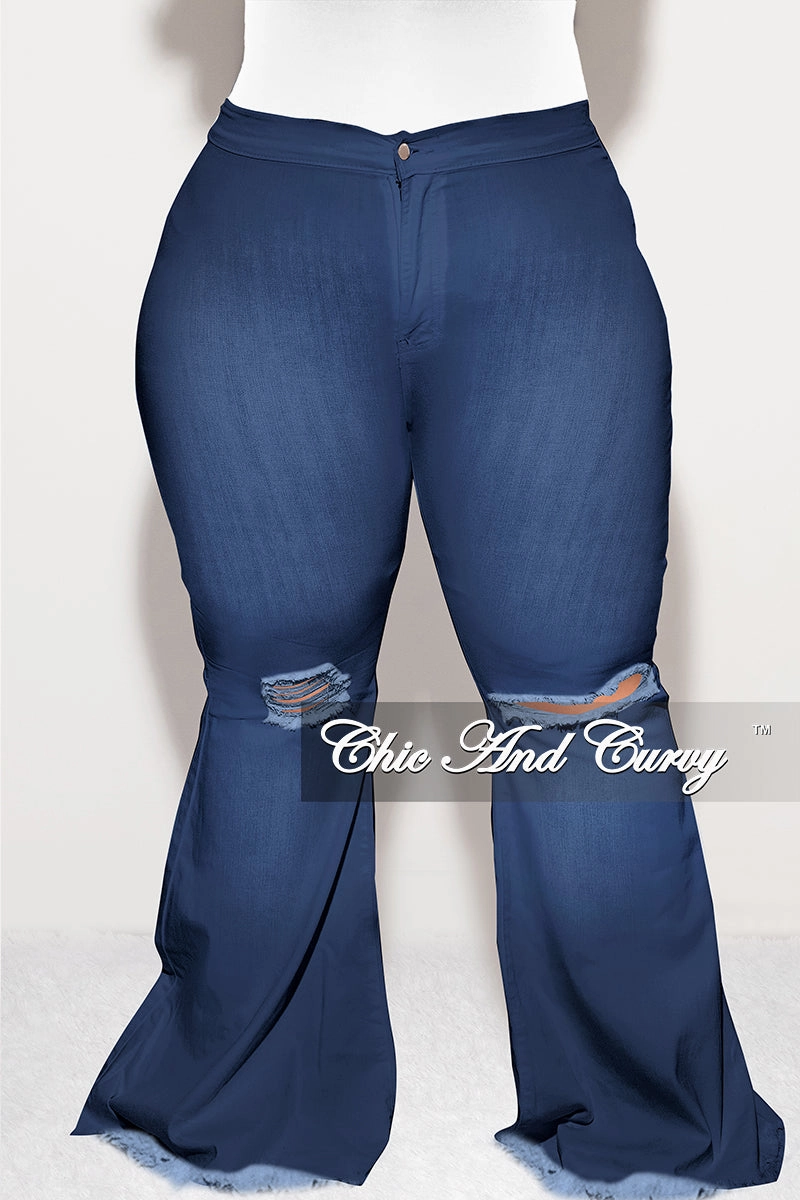 Simple and Cozy Final Sale Plus Size Wide Leg Denim Jeans with Distressed Knee in Dark Blue
