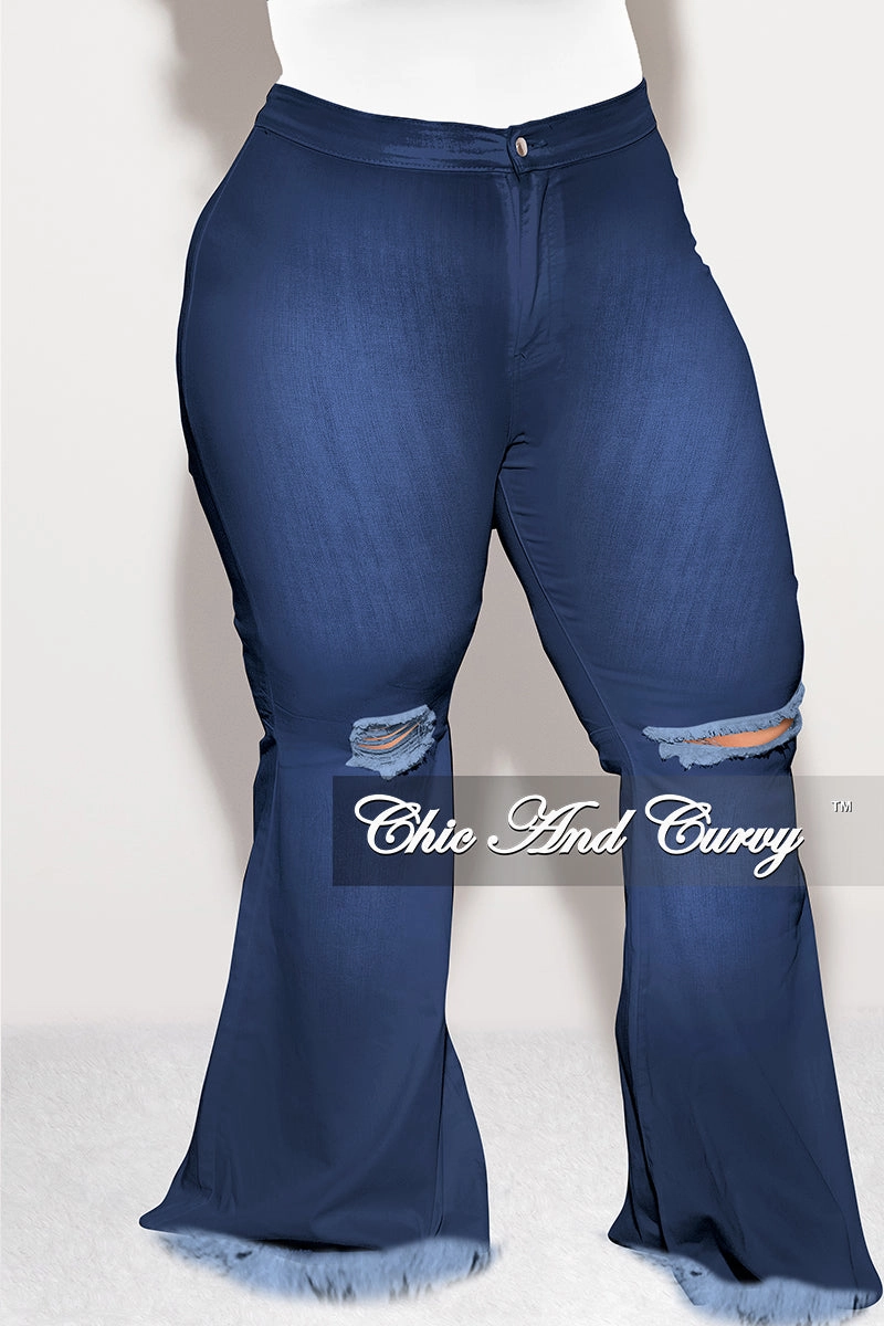 Tear Resistant Weave Final Sale Plus Size Wide Leg Denim Jeans with Distressed Knee in Dark Blue