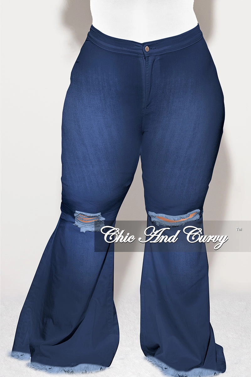 Flexible Knee Articulation Windproof Design Final Sale Plus Size Wide Leg Denim Jeans with Distressed Knee in Dark Blue