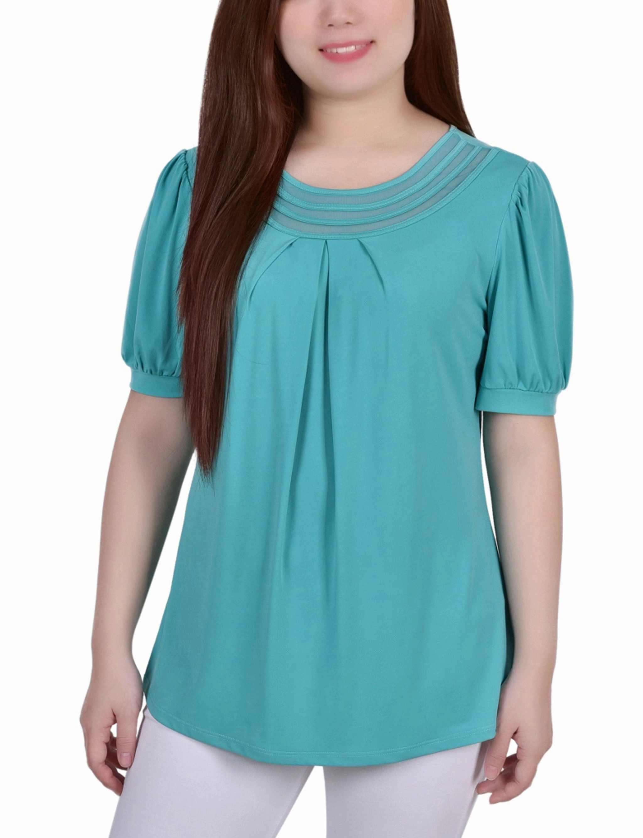 Short Puff Sleeve Sheer Inset Top ConvertibleStyle StaticResistantFabric