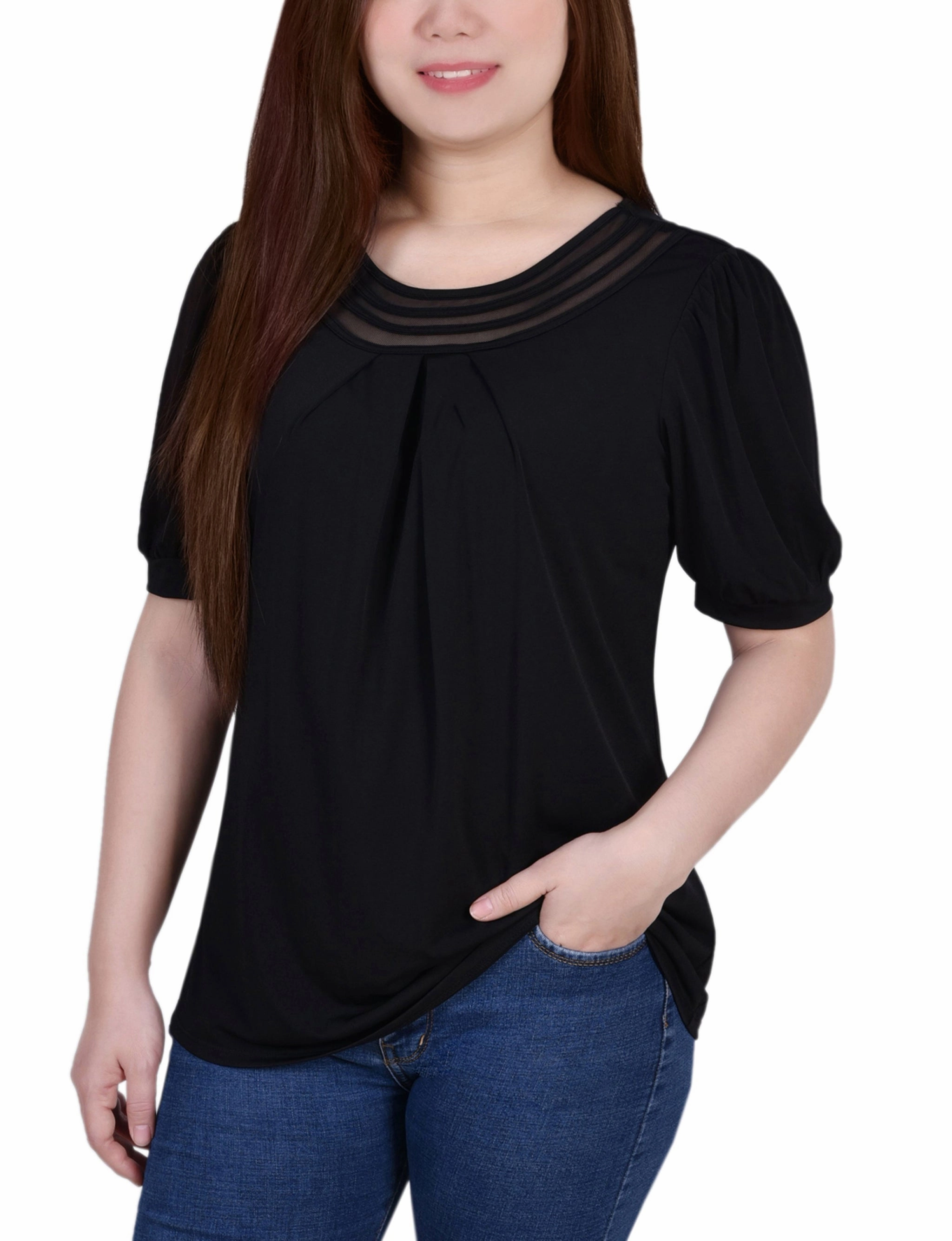 Short Puff Sleeve Sheer Inset Top MultiPanel Design