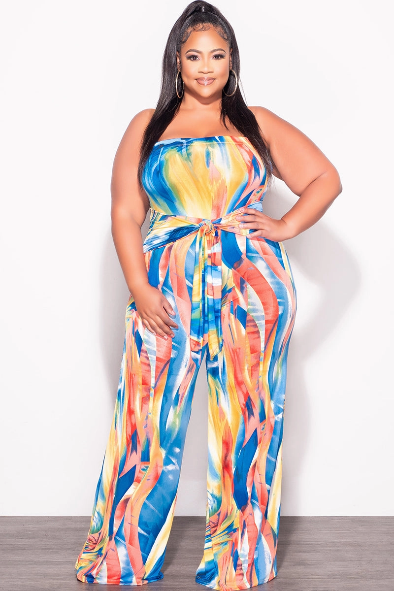 Final Sale Plus Size Strapless Jumpsuit with Waist Tie in Multi Color Print Daily Motion Soft Waistband