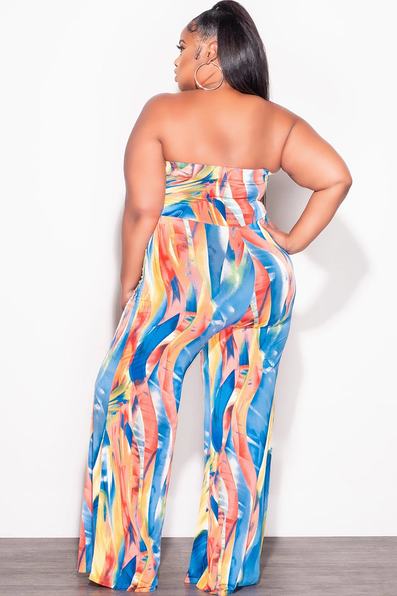Final Sale Plus Size Strapless Jumpsuit with Waist Tie in Multi Color Print Active Performance Side Pockets
