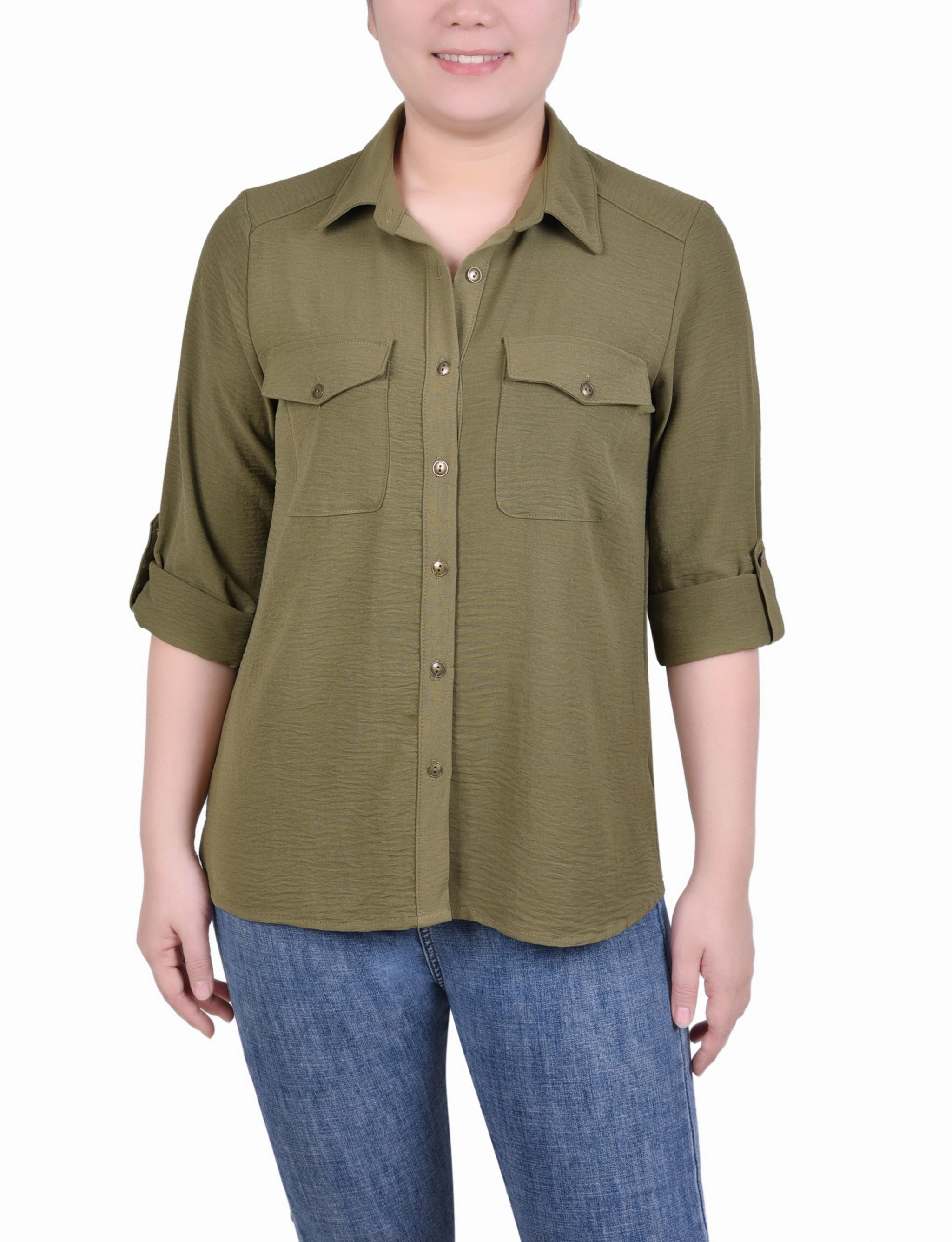 ContrastTipping Long Sleeve Roll Tab Blouse