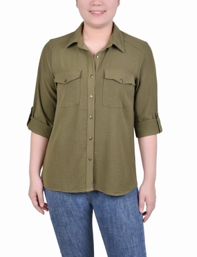 Breathable Construction VentilatedMeshPaneling Long Sleeve Roll Tab Blouse