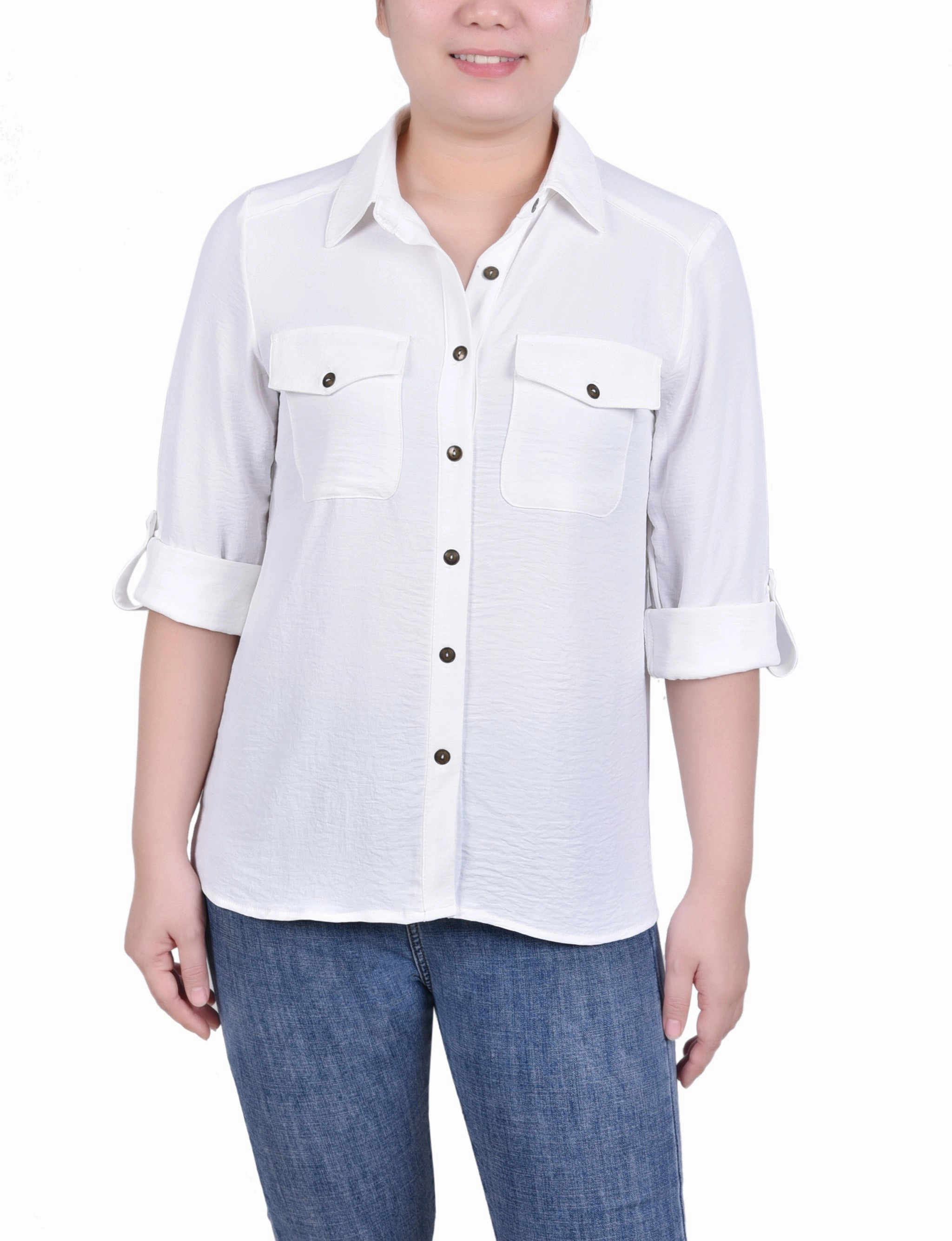 BreathableFabricTech Two Tone Weave Long Sleeve Roll Tab Blouse