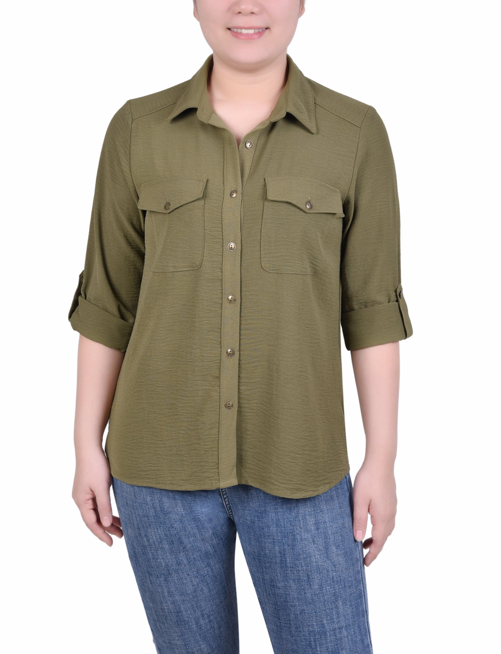 Breathable Construction VentilatedMeshPaneling Long Sleeve Roll Tab Blouse