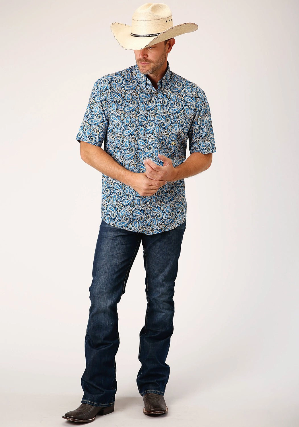 Roper Mens Blue 100% Cotton Amarillo Paisley BD S/S 1 Pkt Shirt Coffee Run Cruise Collection