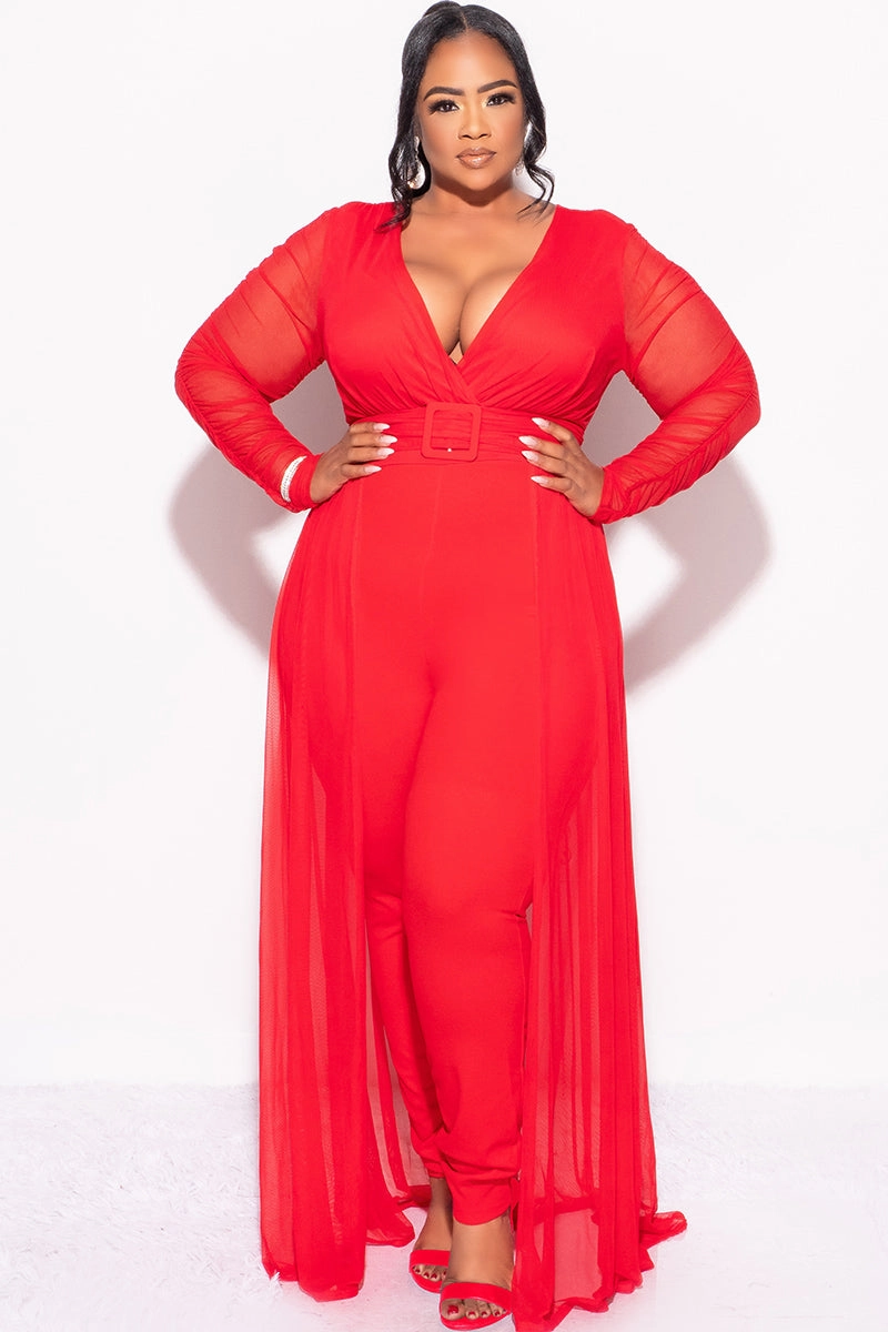Wrinkle Resistant Material Retro Final Sale Plus Size Mesh Ruched Sleeve Jumpsuit with Attached Long Skirt in Red