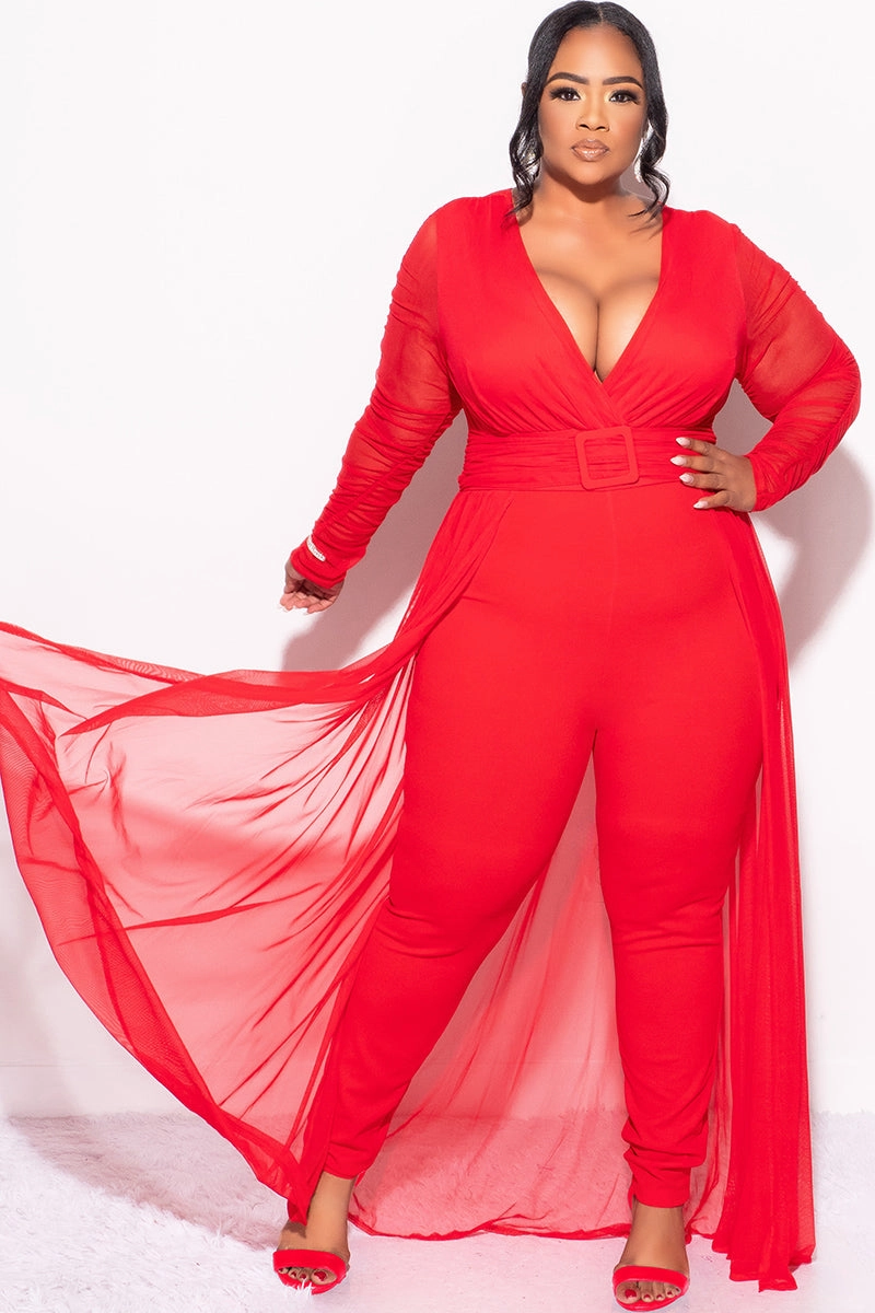 Sustainable Manufacturing Process Ultraviolet Protection Fabric Final Sale Plus Size Mesh Ruched Sleeve Jumpsuit with Attached Long Skirt in Red