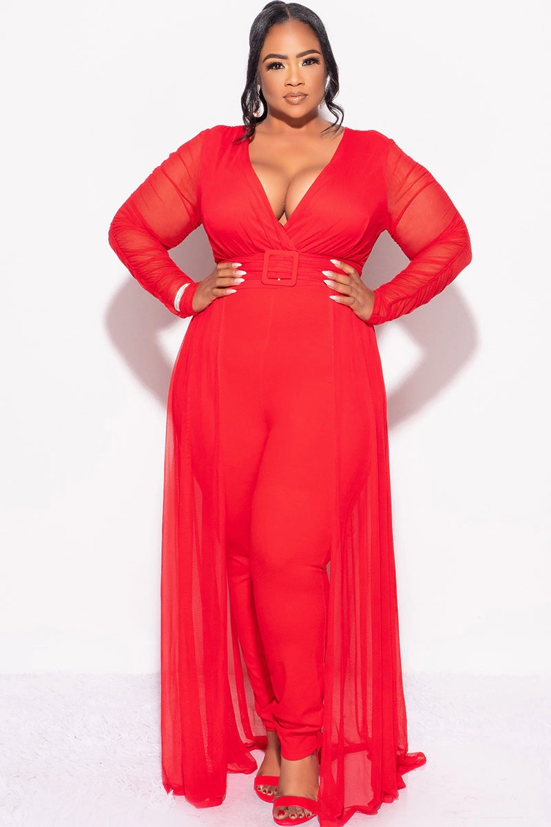 Final Sale Plus Size Mesh Ruched Sleeve Jumpsuit with Attached Long Skirt in Red SlubTexture