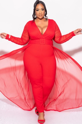 Final Sale Plus Size Mesh Ruched Sleeve Jumpsuit with Attached Long Skirt in Red RawHemDetail TaglessLabel