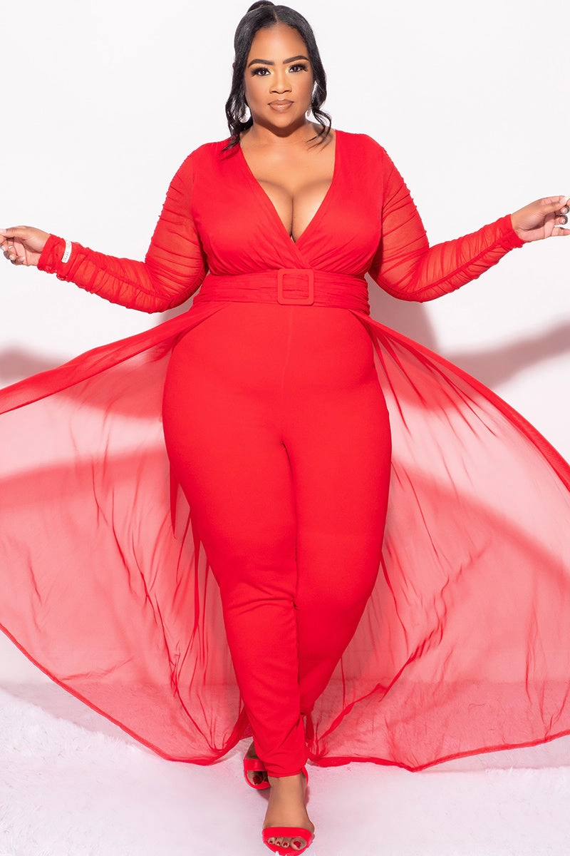 Final Sale Plus Size Mesh Ruched Sleeve Jumpsuit with Attached Long Skirt in Red RawHemDetail TaglessLabel