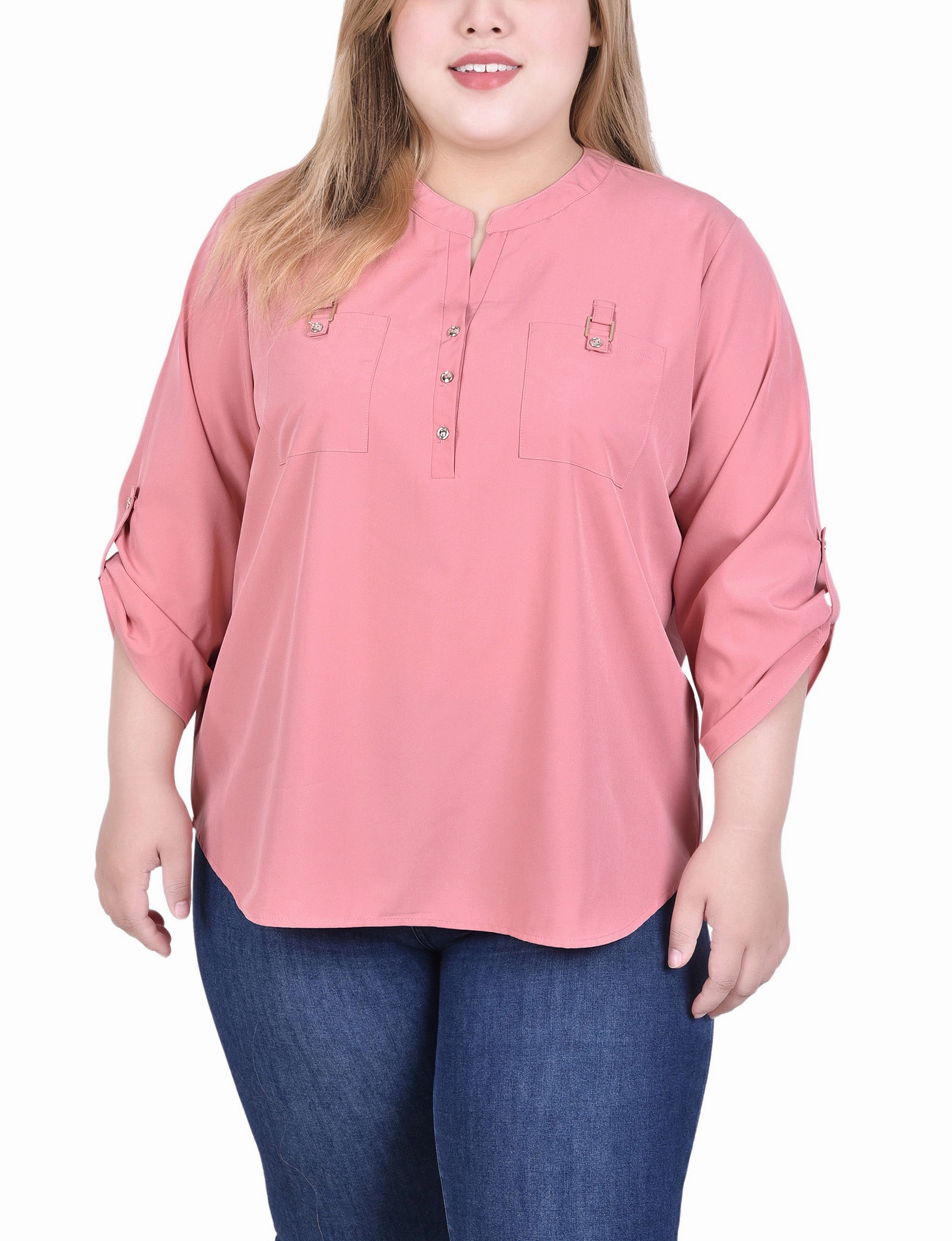 3/4 Tabbed Sleeve Y Neck Blouse Double Needle Stitching