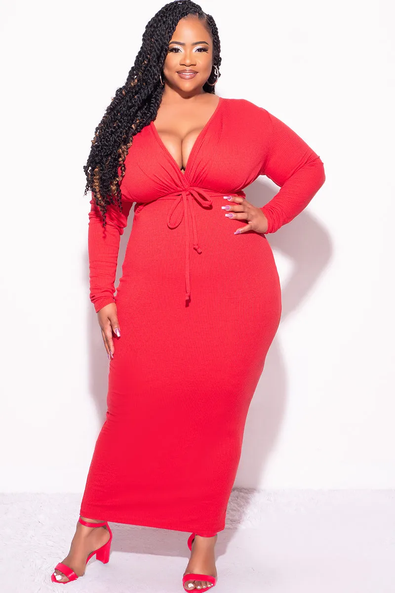 quick dry Final Sale Plus Size Long Sleeve Ribbed BodyCon with Front Cutout in Red
