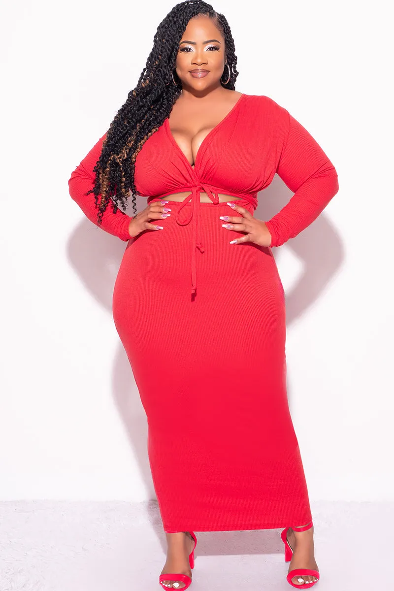 Flex Movement Final Sale Plus Size Long Sleeve Ribbed BodyCon with Front Cutout in Red
