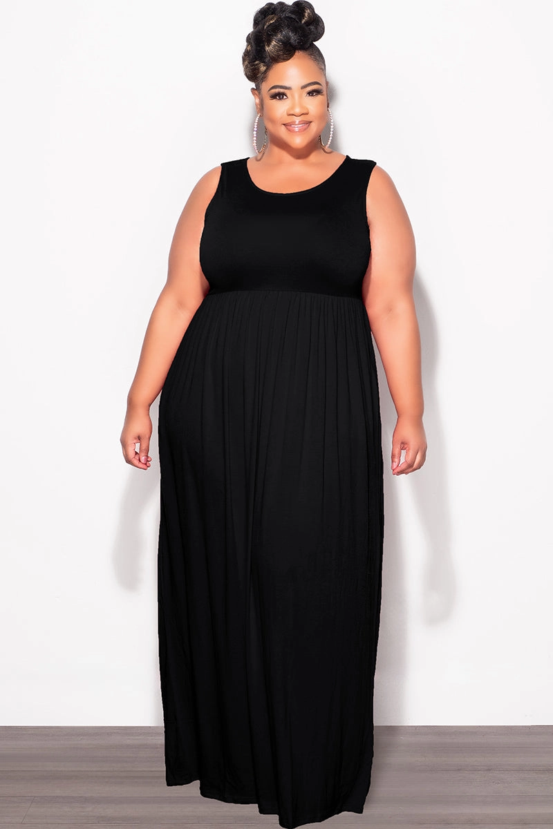 Final Sale Plus Size Sleeveless Maxi Dress in Black Flattering Look Ripstop Texture