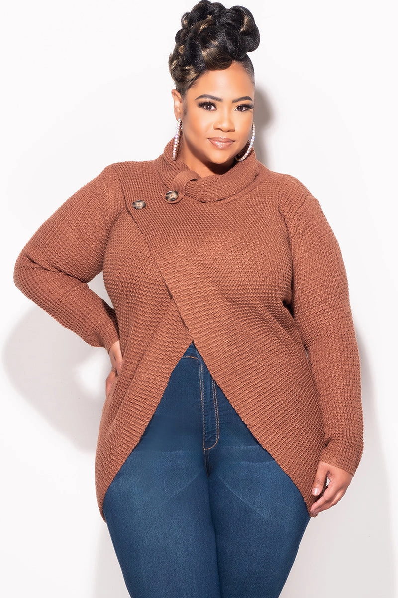 Functional Design Final Sale Plus Size Overlapping Sweater in Brown Fabulous