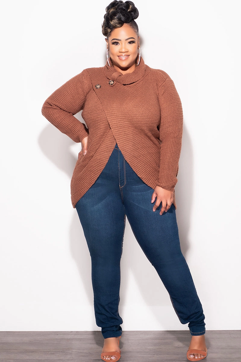 Final Sale Plus Size Overlapping Sweater in Brown Fabulous Non Binding Waist