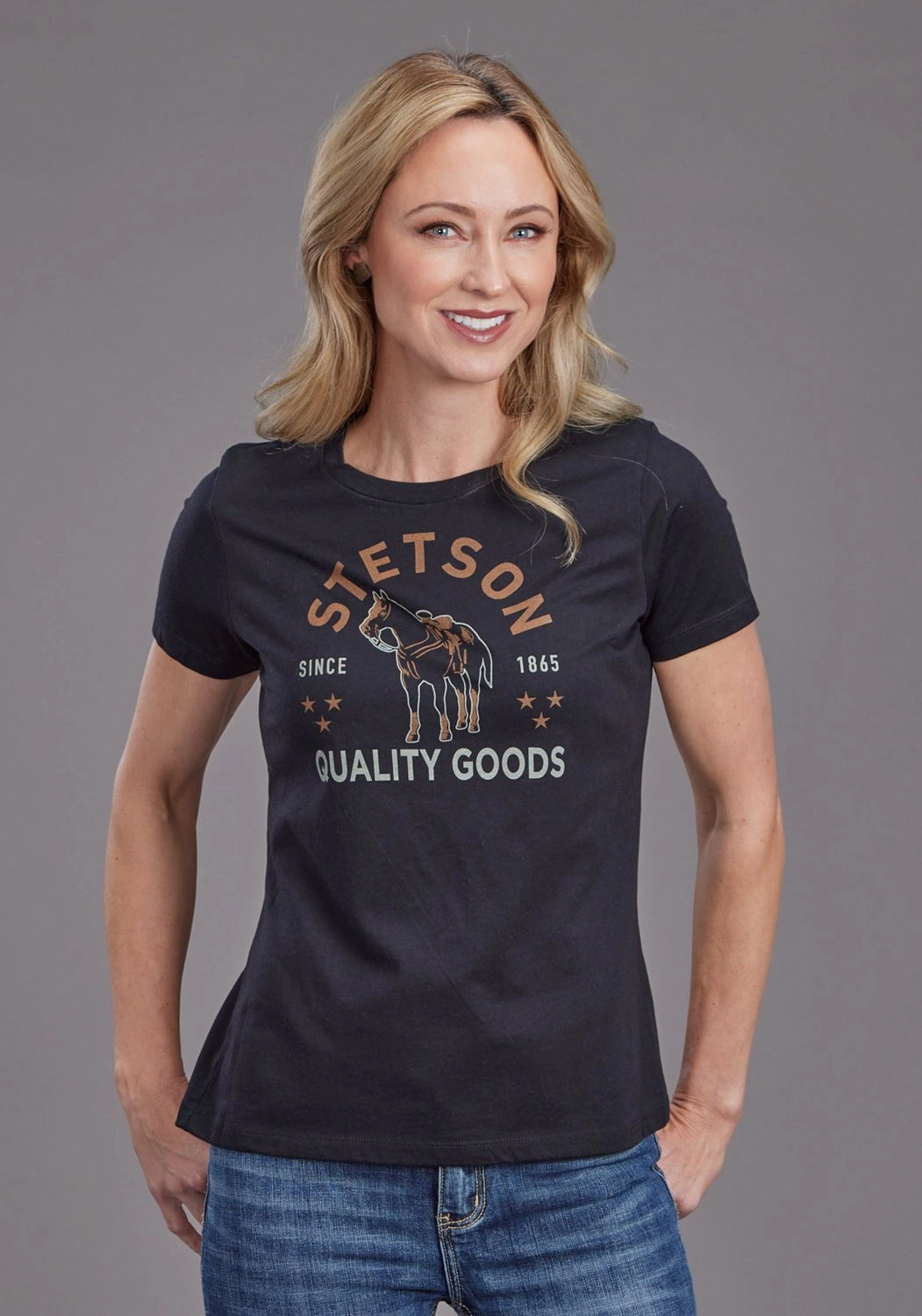 Stetson Womens Quality Goods Horse Black Polyester S/S T-Shirt Sweat-Absorbing