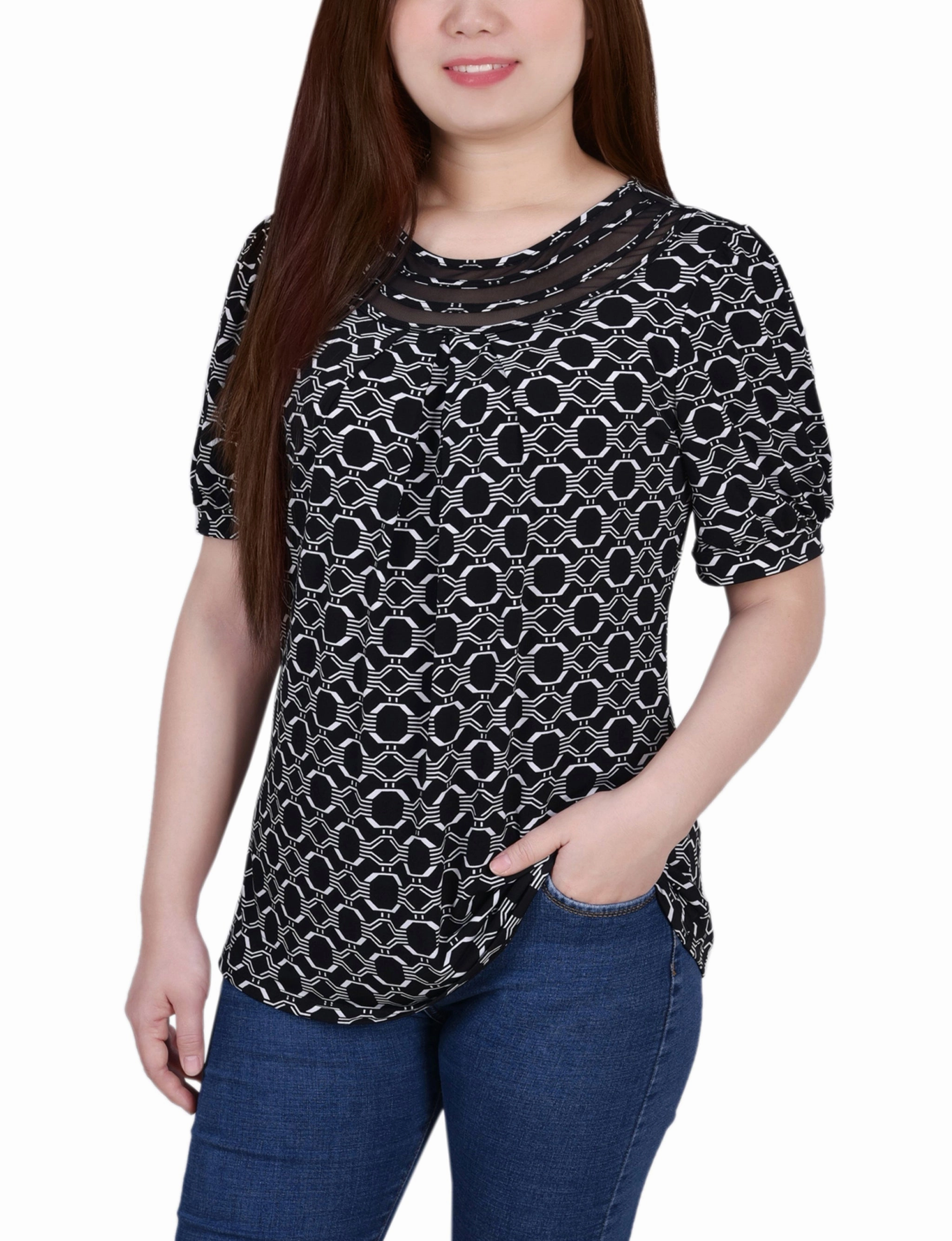 MultiPanelBreathability Petite Short Puff Sleeve Sheer Inset Top