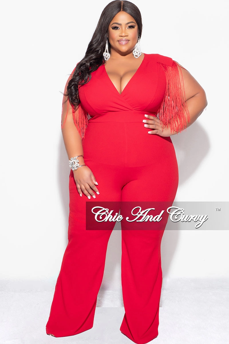 Final Sale Plus Size Fringe Shoulder Faux Wrap Jumpsuit Red FlexibleLayeredConstruction Eco Friendly Material