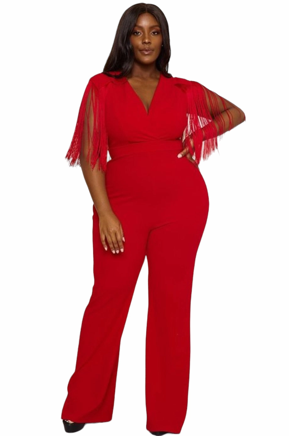 Final Sale Plus Size Fringe Shoulder Faux Wrap Jumpsuit Red AntiPillingTechnology Reinforced Hem Stitching