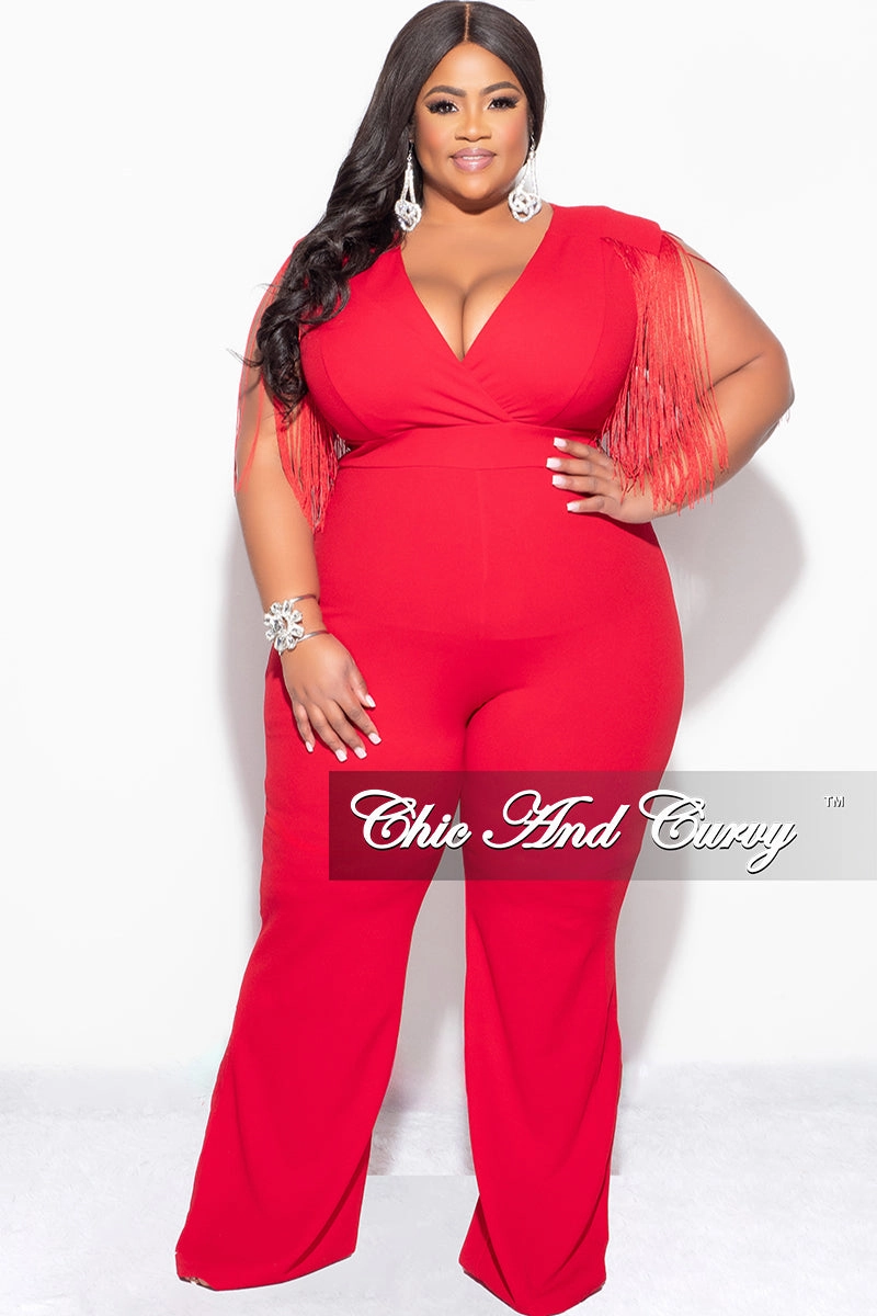 Final Sale Plus Size Fringe Shoulder Faux Wrap Jumpsuit Red Cozy Comfort Effortless Wear Fit
