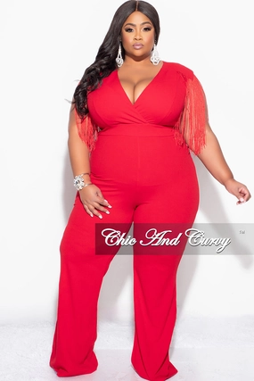 Ventilated Side Panels Breathable back panel Final Sale Plus Size Fringe Shoulder Faux Wrap Jumpsuit Red